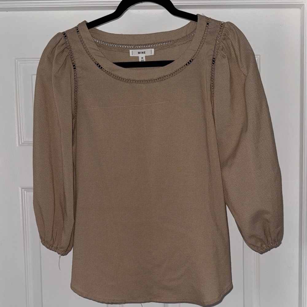 Beige Puff-Sleeve Top with Braided Trim